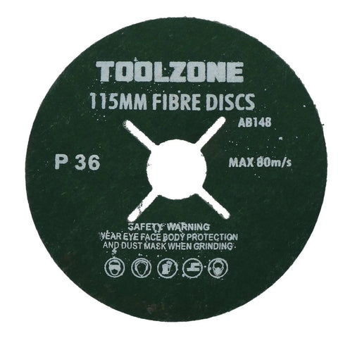 Fifty Piece Pack Of Four Point Five Inch Coarse Fiber Sanding Discs Thirty Six Grit Abrasive Wheels on green backing, P36 grit.