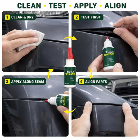 High Strength Auto Bumper Repair Adhesive Quick Cure Formula shown in use to fix plastic trim on vehicle seams.