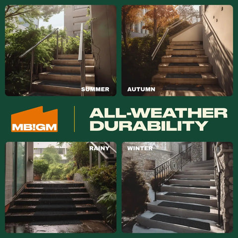 Non Slip Outdoor Stair Treads 12 Pack With Heavy Duty Grip Tape Strips in all-weather durability graphic for seasons.