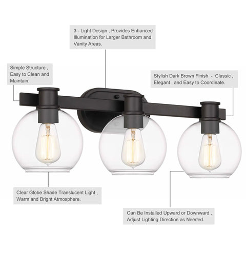 Modern Farmhouse 3 Light Vanity Light Industrial Wall Sconce With Clear Glass Globe Shade For Bathroom, Dark Brown Finish