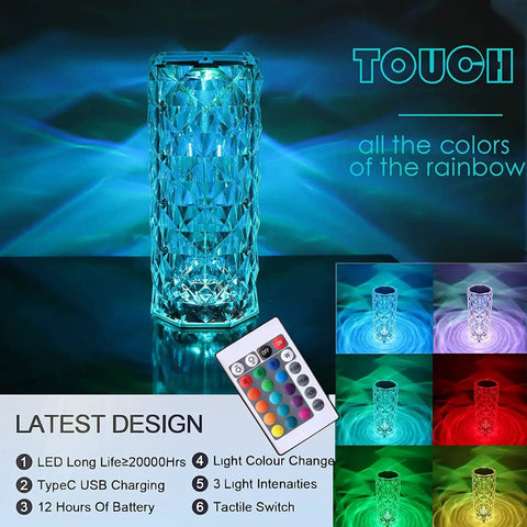 Touch Color Changing Table Lamp 16 Color LEDs Nightstand Lamp with Remote, USB rechargeable, shown with color options in 2 pack display.