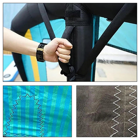 Close-up of Inflatable Surfing Wing And Wind Kite for Windsurfing and Foil Boarding with 54 Sq Ft Sail, showing grip handle and stitching detail.
