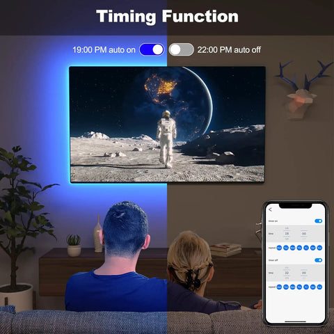 TV Backlight Kit With Remote, Bluetooth App Control, LED Strip in use showing timing function and app on phone