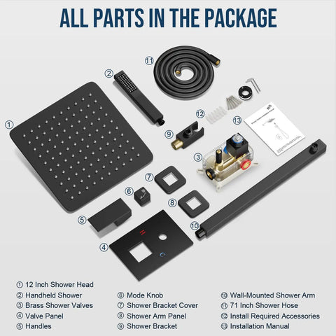 All parts included in the Straight Up Tough Matte Black Shower Faucet Set with 10 Inch High Pressure Rain Shower Head.