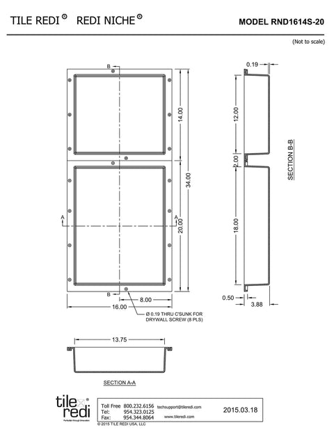 Technical drawing of All-In-One Niche With Double Recessed Shower Shelves, 34 Inch High By 16 Inch Wide, black finish dimensions.