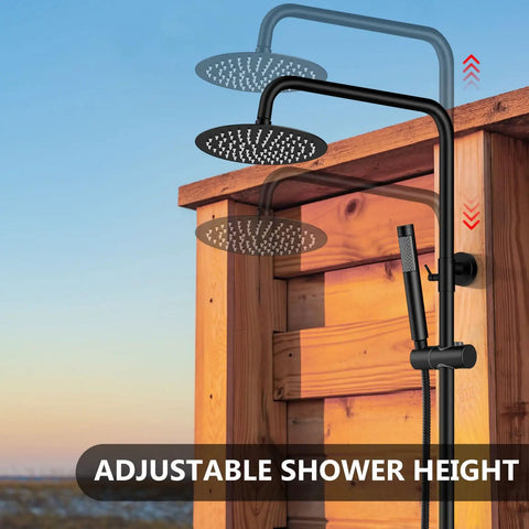 Heavy Duty Outdoor Shower Kit Including 8 Inch Rain Faceplate And Handheld Wand In Matte Black Done Right On 304 Stainless Steel for adjustable shower height.