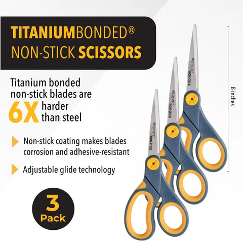 8 Inch Non Stick Titanium Scissors With Glide Adjust Technology for office and home use, grey yellow, 3 pack displayed.