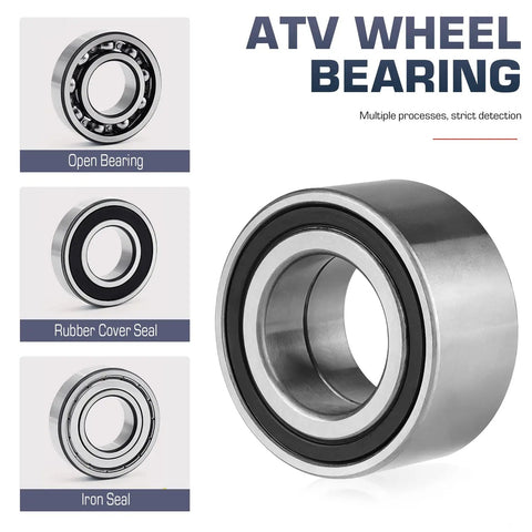 ATV Wheel Bearing variations showcasing open, rubber cover seal, and iron seal for Top Tier Front Left And Right ATV Wheel Bearing Set For Kawasaki Prairie Brute Force 360 650 700 750i 2 Piece Replacement Kit Heavy Duty Grease Monkey Approved Smooth Rollin Vibes.