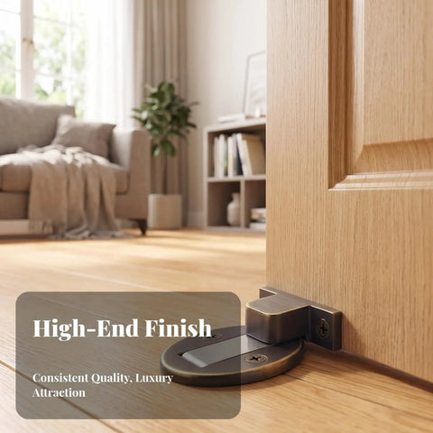 Heavy Duty Floor Door Catch Black Keeps Doors From Slamming Shut Secure Base Plate installed on wooden door in modern interior.