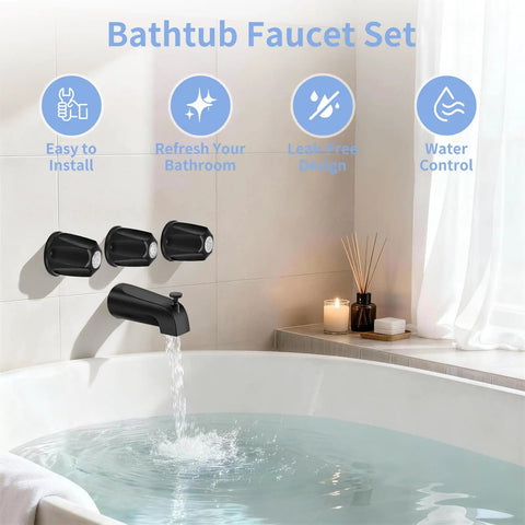 Matte Black 3 Knob Shower Tub Faucet Set With Diverter Spout For 1/2 Inch And 3/4 Inch Male Threaded Connections, installed in bathtub