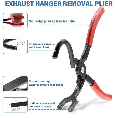 Close-up of exhaust hanger removal plier showing red handles and steel hook, part of Exhaust Hanger Removal Pliers Set With 4 Hole Rubber Hanger Insulators Kit 5 Pieces Auto Repair Tool No Fuss For Removing And Replacing Muffler Hangers Universal Fit.