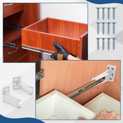 White Rear Drawer Track Socket Back Plates With Heavy Duty Mounting Brackets For Furniture And Cabinet Drawers installed in cabinet.