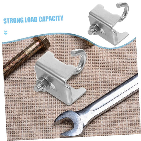 Killer Grip Six Piece Heavy Duty Girder Clamp Hooks For Beam Storage Versatile Shelving Brackets For Warehouse Organization Beefy Steel Hardware Built Like A Tank close-up of steel clamp hook and wrench on textured background.