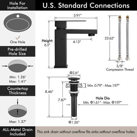 Matte Black Single Hole Bathroom Faucet For Modern Vanity Stainless Steel Lead Free 18 8 NSF And cUPC Certified Easy Install Water Saving Design Durable Finish For A Sharp Modern Look with installation dimensions and connections displayed.