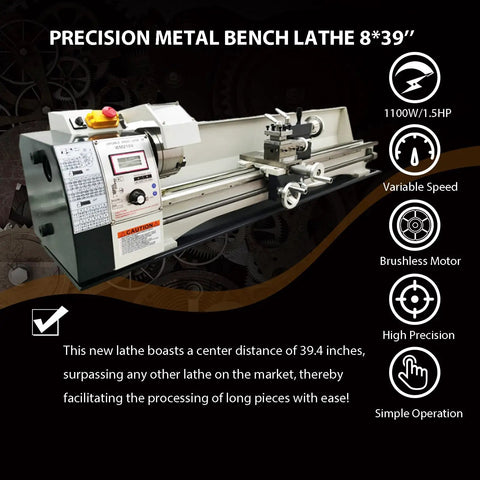 Top Shelf Benchtop Metal Lathe Machine 8 X 39 Inch Capacity 1100W Brushless Motor Variable 50 To 2500 Rpm with precision controls for metalwork.