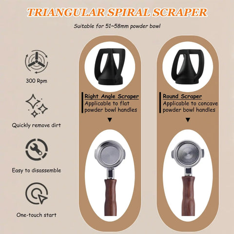 Triangular Spiral Scraper with right angle and round models, suitable for 51-58mm powder bowl handles, easy dirt removal.