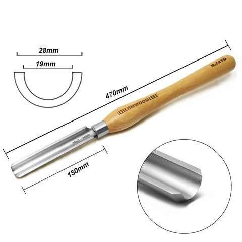 Cryo Treated M2 High Speed Steel Roughing Gouge Three Quarter Inch With Solid Beech Handle and Stainless Bolster shown with dimensions.