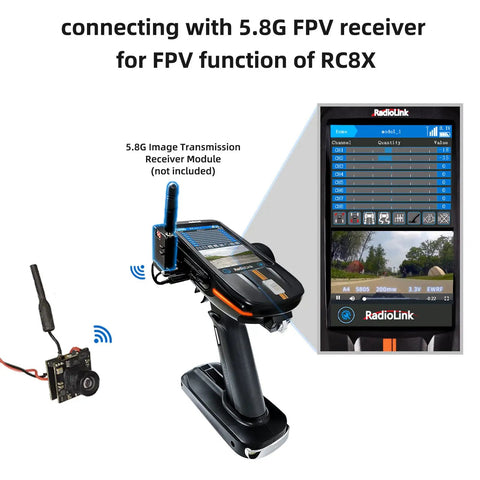 5.8G FPV Camera With 48CH Wireless Image Transmission OSD 800TVL connecting to FPV receiver for RC8X remote