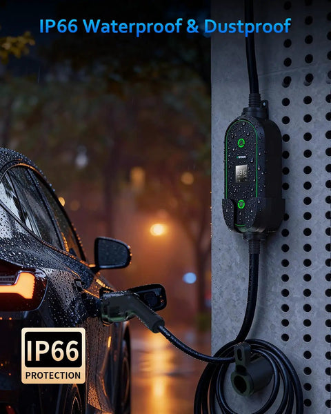 Portable Level One and Level Two EV Charger ETL Certified 12 and 16 Amp with car, 25 ft cord, in outdoor setting, IP66 rated