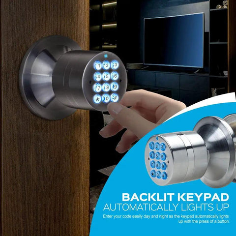 Keyless Smart Door Lock With Automatic Locking Battery Backup and backlit keypad shown on wooden door