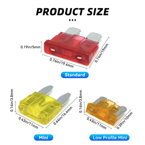 Standard and mini car fuses sizes shown for Heavy Duty Car Fuses Assortment Kit With Standard Mini And Low Profile Blades From 2A To 40A.