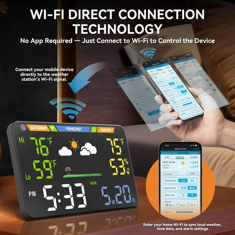 Smart Weather Station With 8.5 Inch LED Display For Indoor Outdoor Use WiFi Enabled Wireless Dual Power Atomic Clock Temperature And Humidity Monitor No App Needed Browser Based Dashboard For Home Or Office showing WiFi setup.