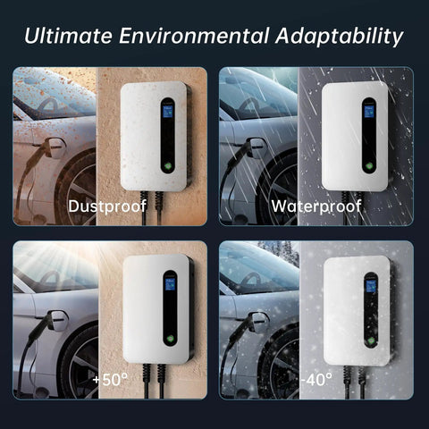 32A 7.68kW Level 2 EV Charger With NEMA 14 50 20ft Wall Mount Station showing dustproof and waterproof features