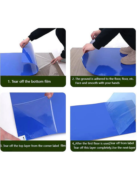 Industrial Grade Grabby Tacky Mats 300 Sheets 10 Pack Super Sticky Adhesive Floor Rollups For Construction Sites And Warehouses 45X90 Cm shown in use, peeling layers for installation.