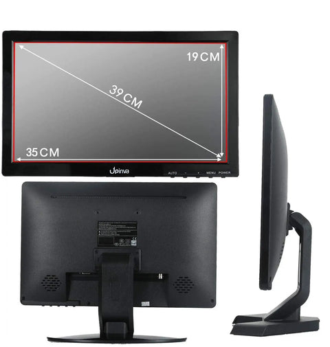 Front and side view of 15.6 Inch IPS Monitor With Full HD 1080p Display Multi Input For Security Cameras Office PCs And Gaming Stand Included Boss Level Clarity And Vivid Color