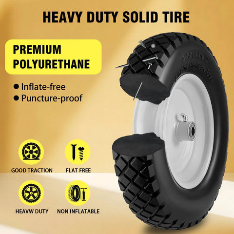 Wheelbarrow tire and wheel, heavy-duty solid polyurethane, white rim, 16-inch with knobby tread.
