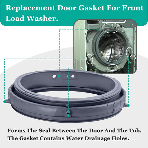 Washer Door Boot Seal Replacement For LG And Kenmore Fits WM8100HVA WM8000HVA WM4070HVA WM4270HVA And More Top Notch Gasket With Same Quality As AP5668418 PS6448330 3 Year Warranty, gray rubber front-load washer gasket with drainage holes