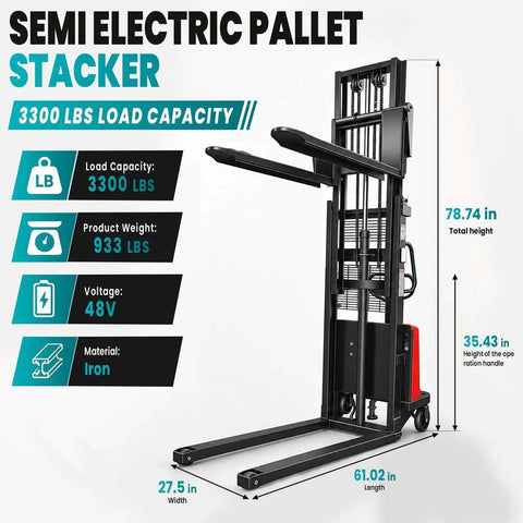 Semi Electric Pallet Stacker 3300 Lbs Capacity shown with dimensions and load specs for smooth warehouse transport.