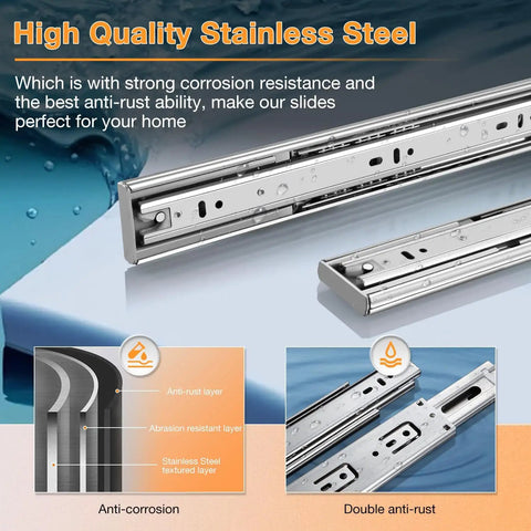 Heavy Duty Stainless Steel Soft Close Drawer Slides Full Extension Smooth Glide Cabinet Hardware 10 Inch showing anti-rust features.
