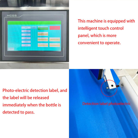 Quick Turnaround Automatic Round Bottle Labeler Processes Twenty To Two Hundred Units Per Minute control panel and photoelectric detection system.