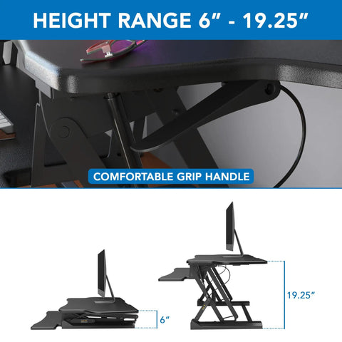 Standing Desk Converter 48 Inch Wide Sit Stand Desk Riser With Dual Gas Spring Handles, height shown with monitor setup