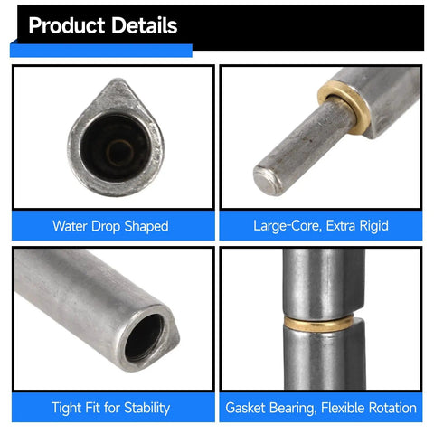 Close-up of 5 Piece Water Drop Weld On Gate Hinges Set, steel build with round head copper pad, gray finish in various angles.