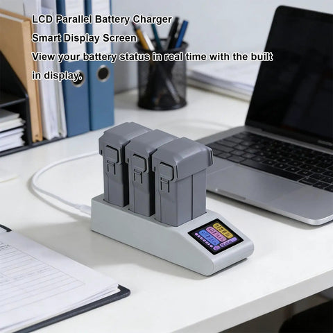 3 In 1 Battery Charging Hub with LCD Display for Mini 5 Pro Drone Batteries on desk real time capacity monitoring