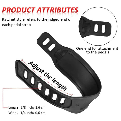 Universal Exercise Bike Pedal Straps Set with ratchet style ridges, adjustable length shown with product attributes.