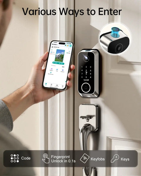 No Sweat Smart Front Door Lock With 2K HD Camera Video Doorbell Kit, Fingerprint Keyless Entry Wifi Deadbolt, Bluetooth App Remote, Big Time Security, Auto Lock And Satin Nickel Finish with smartphone access