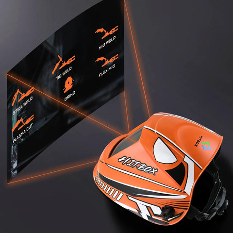 Auto Darkening Welding Helmet With Ultra Large 3.9 By 3.1 Inch True Color View, displaying multiple welding modes on black background.
