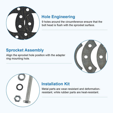 Visual guide showing the 9 Holes Sprocket Mount Kit for 49cc 66cc 80cc motorized bicycles with backing plates and washers.
