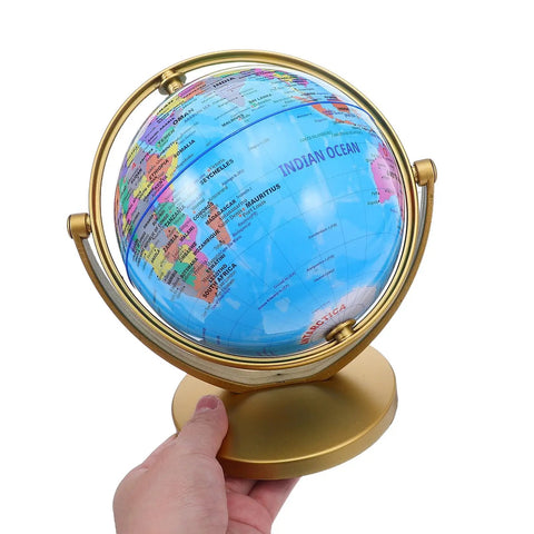 Rotating Desktop Globe With Stand 14.2cm Blue Frame Educational World Sphere for Office Home Classroom Decor in hand