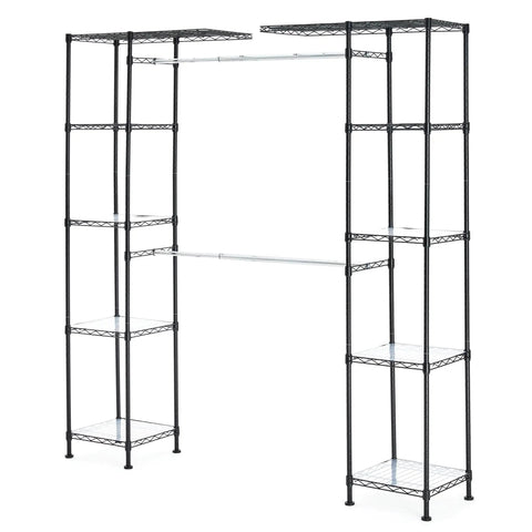 Expandable Metal Hanging Closet Organizer Featuring Two Adjustable Rods And Ten Heavy Duty Shelves Flat Out Tough Steel Wire Build For Smooth Setup Straight Up Versatile Closet Storage Rack In Black, showing black metal frame with ten shelves and two rods.