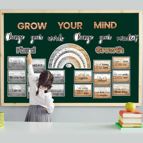 Child interacting with a classroom bulletin board displaying a 29 Piece Growth Mindset Poster Set With Adhesive Dots Industrial Classroom Bulletin Board Decor Game Changer Wall Art For Teachers Positive Thinking Vibes Student Motivation Top Shelf Supplies.
