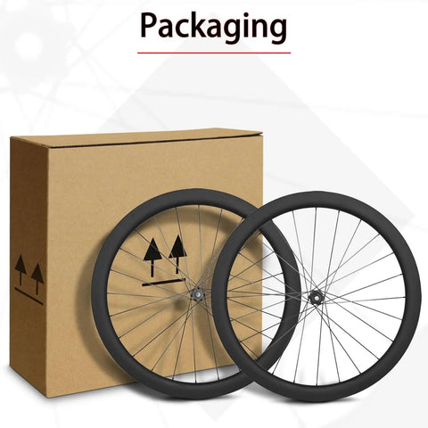 Packaging of 46mm Carbon Clincher Disc Brake Wheelset For Road Bikes, 24H Front And 24H Rear, Tubeless Ready, Center Lock TA