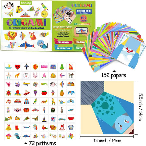 Origami Kit For Kids Ages Five To Twelve With 152 Papers And 72 Patterns Guiding Book and sample folded items displayed.