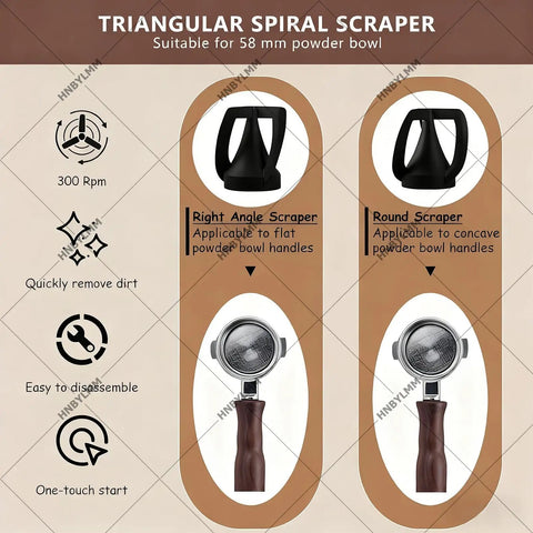 Image of Triangular Spiral Scraper for 58mm powder bowls, features right angle and round scrapers for quick dirt removal.