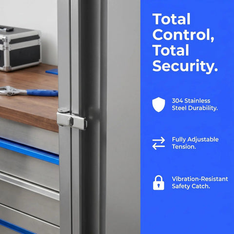 Super Heavy Duty Stainless Steel Adjustable Toggle Latches For Quick Release Toolbox And Storage Box Fastening Clamps displayed on a cabinet.