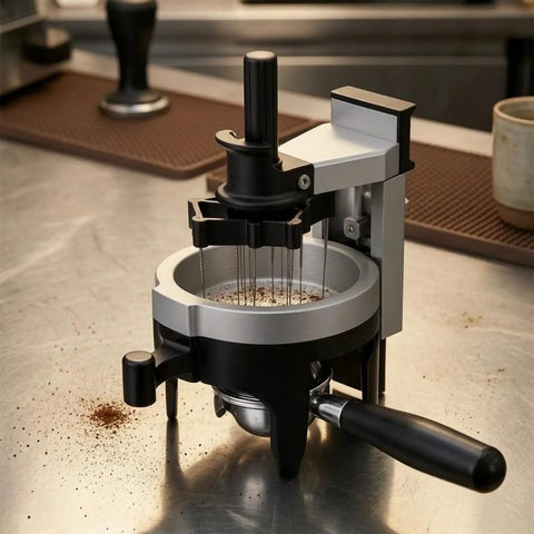 Heavy Hitter Rotary Espresso Puck Distributor Tool Featuring Adjustable Height And 12 Precision Points To Crush Clumps leveling coffee grounds on a stainless steel counter.