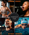 Collage showing runners, singers, retirees, and swimmers using Dual Resistance Breathing Trainer For Athletes And Fitness Fans Silicone Lung Exerciser With Portable Design VO2 Max Boost Built In Workout Program Improve Lung Capacity And Breath Control On The Go